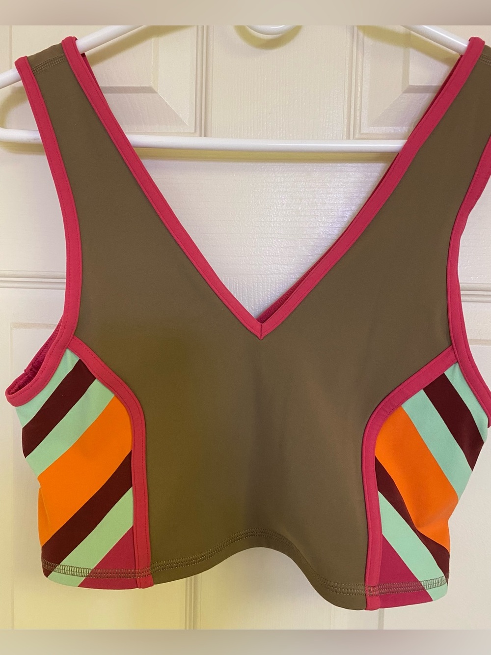 FP Movement by Free People Olive Crop Sports Bra with Pink Trim